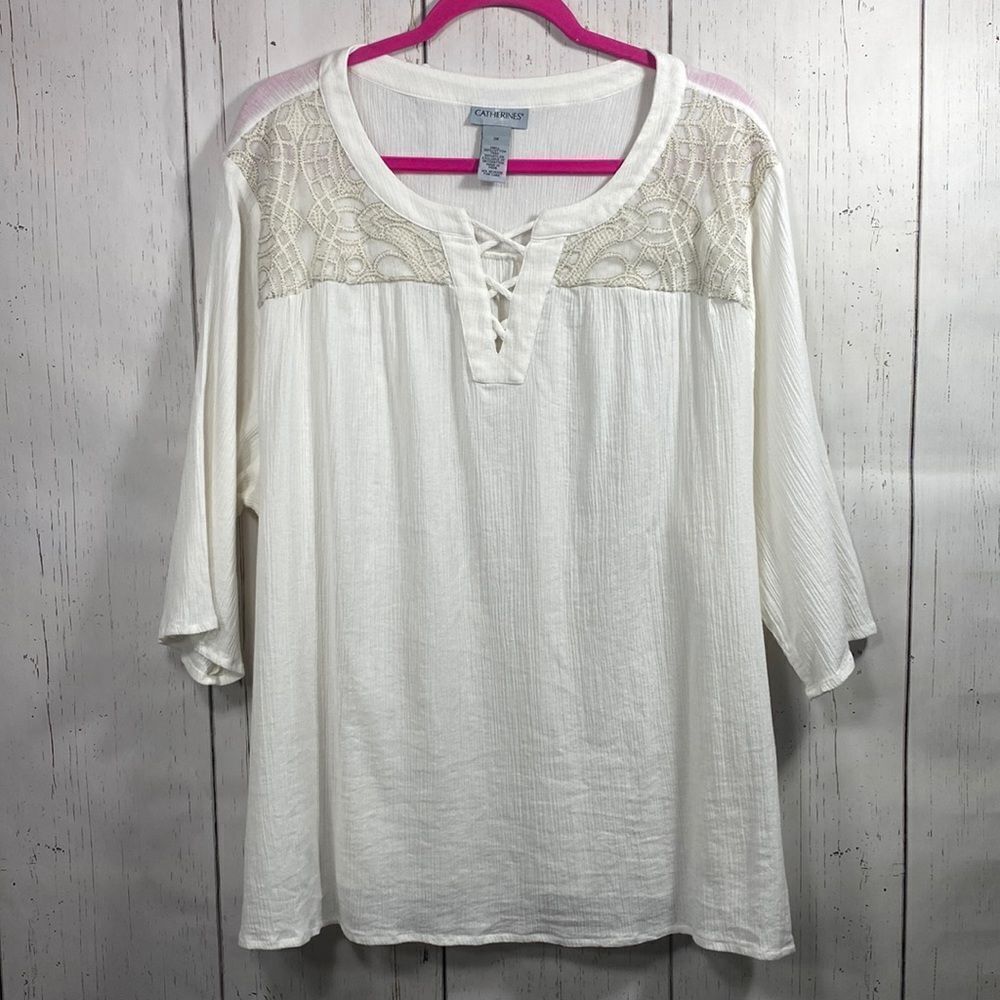 Catherines White Lace Yoke Peasant Tunic Top 3X Cotton Boho Cottagecore Coastal
